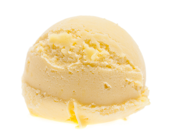 single scoop of mango ice cream from the front on a white